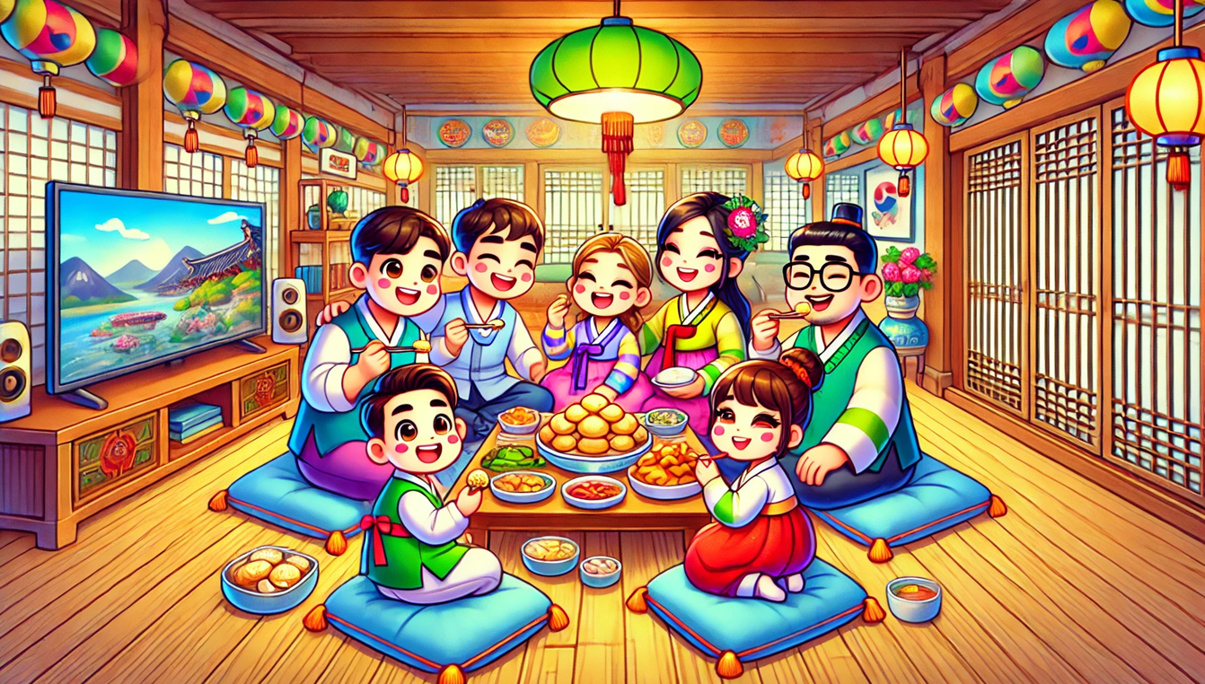 명절에 가족들이 모인 캐릭터를 이용한 이미지 사진