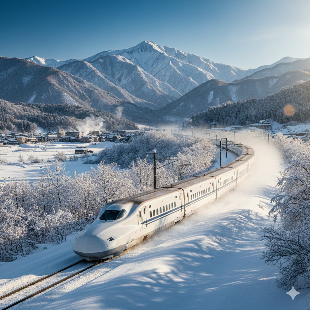 눈 덮인 산과 마을을 배경으로 흰색 신칸센 고속열차가 맑은 겨울날 눈밭을 가로지르며 달리고 있는 모습이에요. 열차가 빠르게 지나가면서 눈보라를 일으키고 있으며, 배경의 나무와 건물 위에도 흰 눈이 쌓여있어요.
