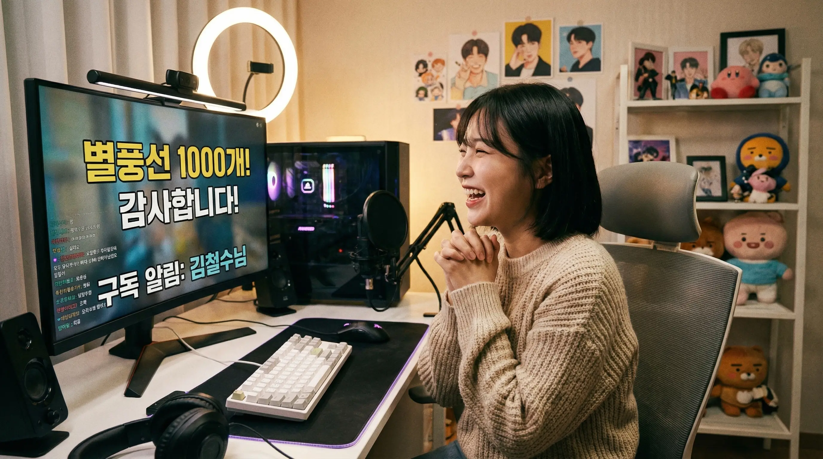 크리에이터가 컴퓨터 앞에서 방송을 진행하며 팬들의 후원 알림을 받고 감사해하는 모습