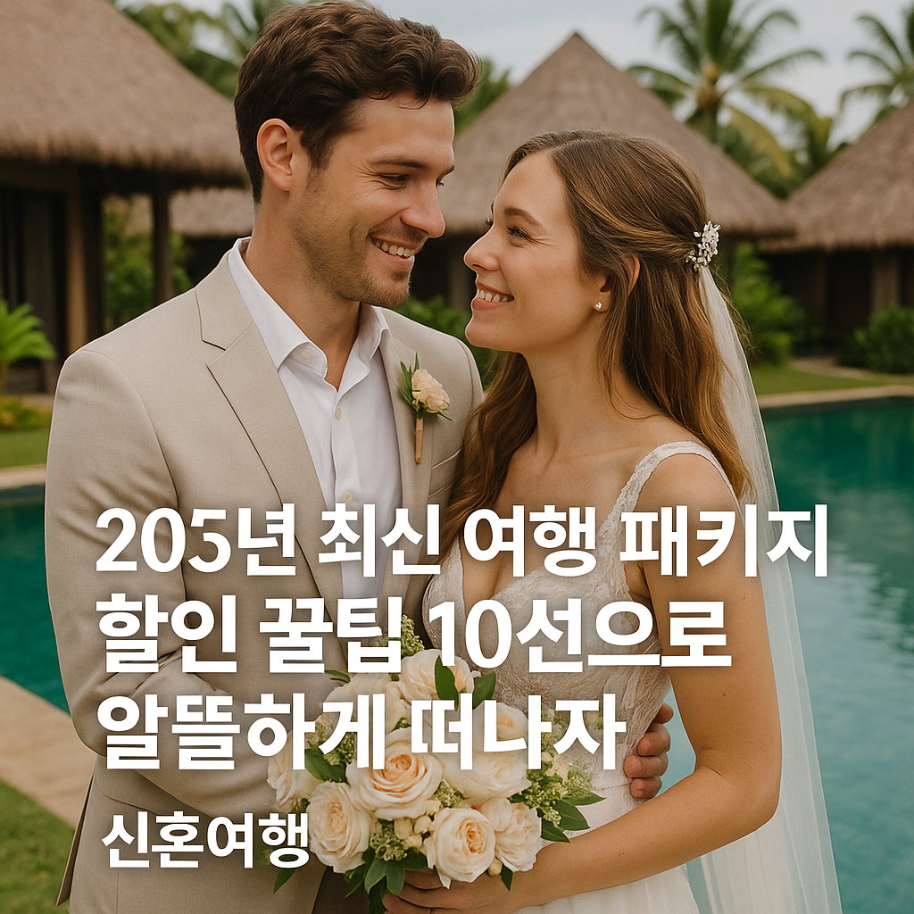 열대 리조트 수영장 앞에서 서로를 바라보는 신혼부부&amp;#44; 2025년 신혼여행 패키지 할인 팁을 안내하는 문구 포함