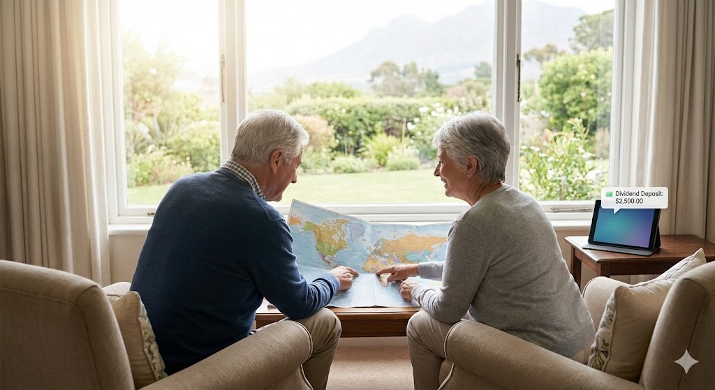 평온한 토요일 아침, 창밖 풍경을 보며 사랑하는 가족과 여행 계획을 세우는 은퇴자의 뒷모습. 화면 한쪽에는 배당금 입금 알람이 살짝 비침