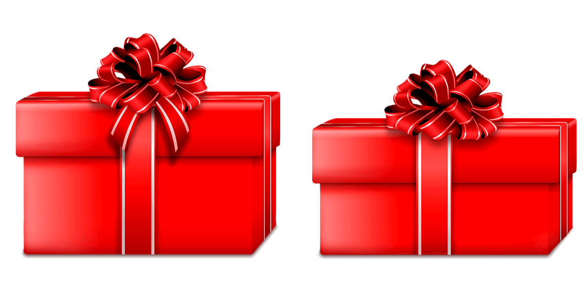 빨간 리본으로 장식된 커다란 빨간색 선물상자 두 개가 나란히 있다.