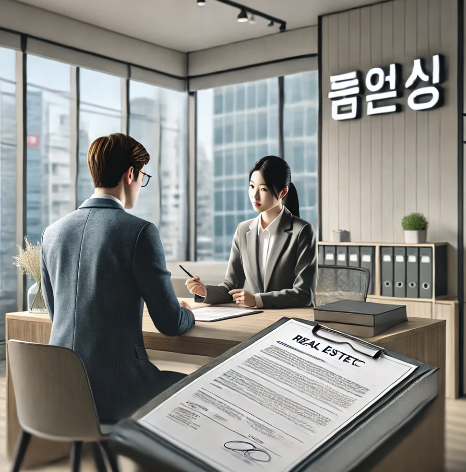 부동산 사무실에서 임대차 계약서를 검토하는 모습.