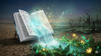 메마르고 갈라진 땅 위에 펼쳐진 커다란 음악책장 사이에서 수정처럼 맑고 빛나는 푸른 물줄기가 힘차게 흘러나옴. 물이 닿는 곳마다 생생한 녹색 식물과 황금빛 꽃들이 즉시 피어남. 멀리 있는 어둡고 고인 웅덩이는 말라가고 있음. 지식이 삶을 소생시키는 것을 상징. 마법 같은 분위기