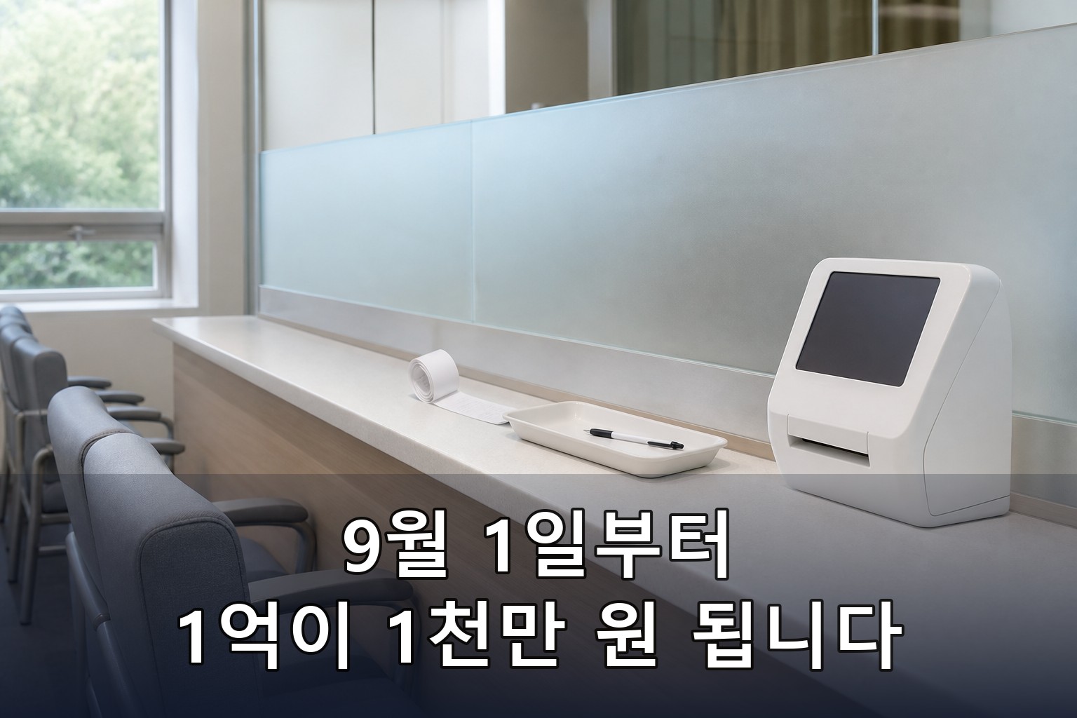 밝은 병원 수납 창구 카운터에 흰 영수증 용지 롤과 볼펜이 놓인 트레이, 화면이 꺼진 흰색 무인 키오스크가 있고 뒤로 반투명 유리 칸막이와 빈 대기 의자가 보이는 실내 사진 - 건강보험 급여 적용으로 본인 부담액이 달라지는 자리
