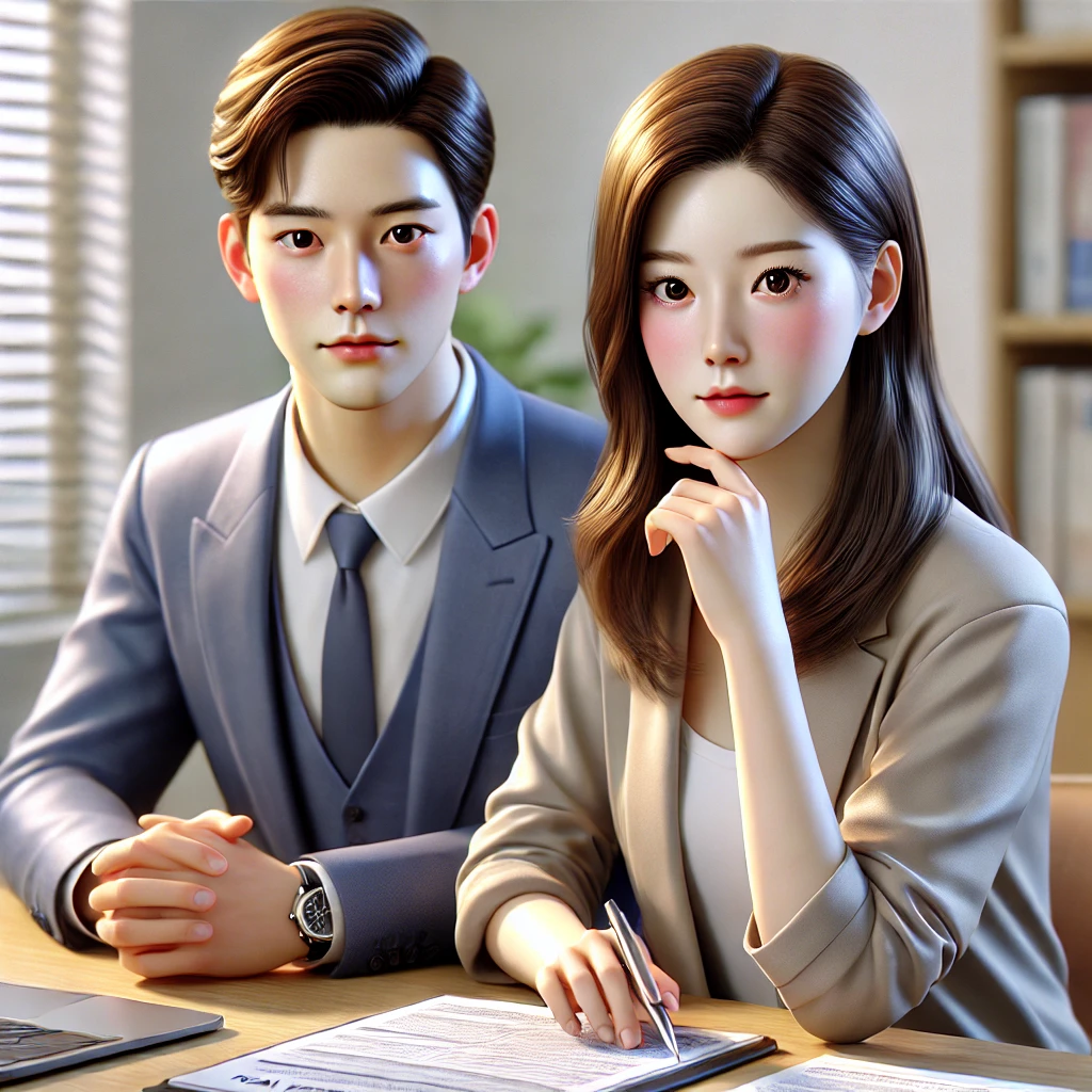 서류를 꼼꼼하게 확인하고 의논하는 젊은 커플 이미지