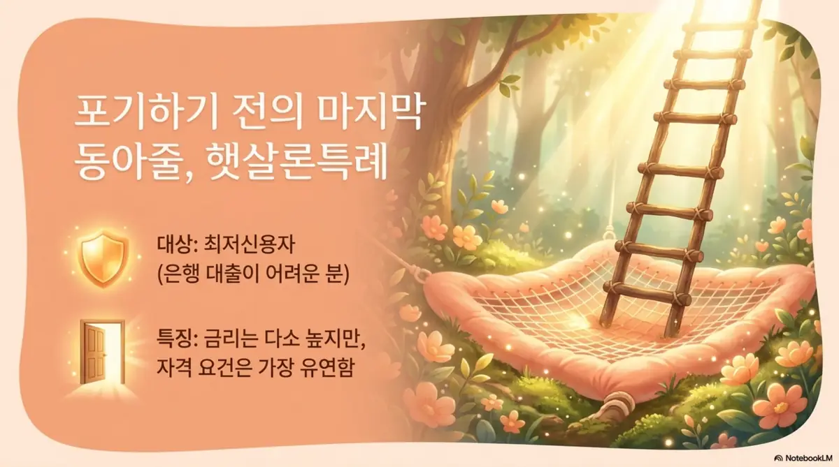 햇살론 대출: 따뜻한 주황빛 숲에 사다리와 안전그물 그리고 방패·열린 문 아이콘이 놓인 일러스트. 은행 대출이 어려운 최저신용자를 위한 상품으로 금리는 다소 높지만 자격 요건이 가장 유연해 포기하기 전 마지막 동아줄이 되어 주는 햇살론특례의 대출조건을 시각적으로 전달하며, 블로그의 햇살론 종류별 비교 주제와 관련된 내용을 설명함