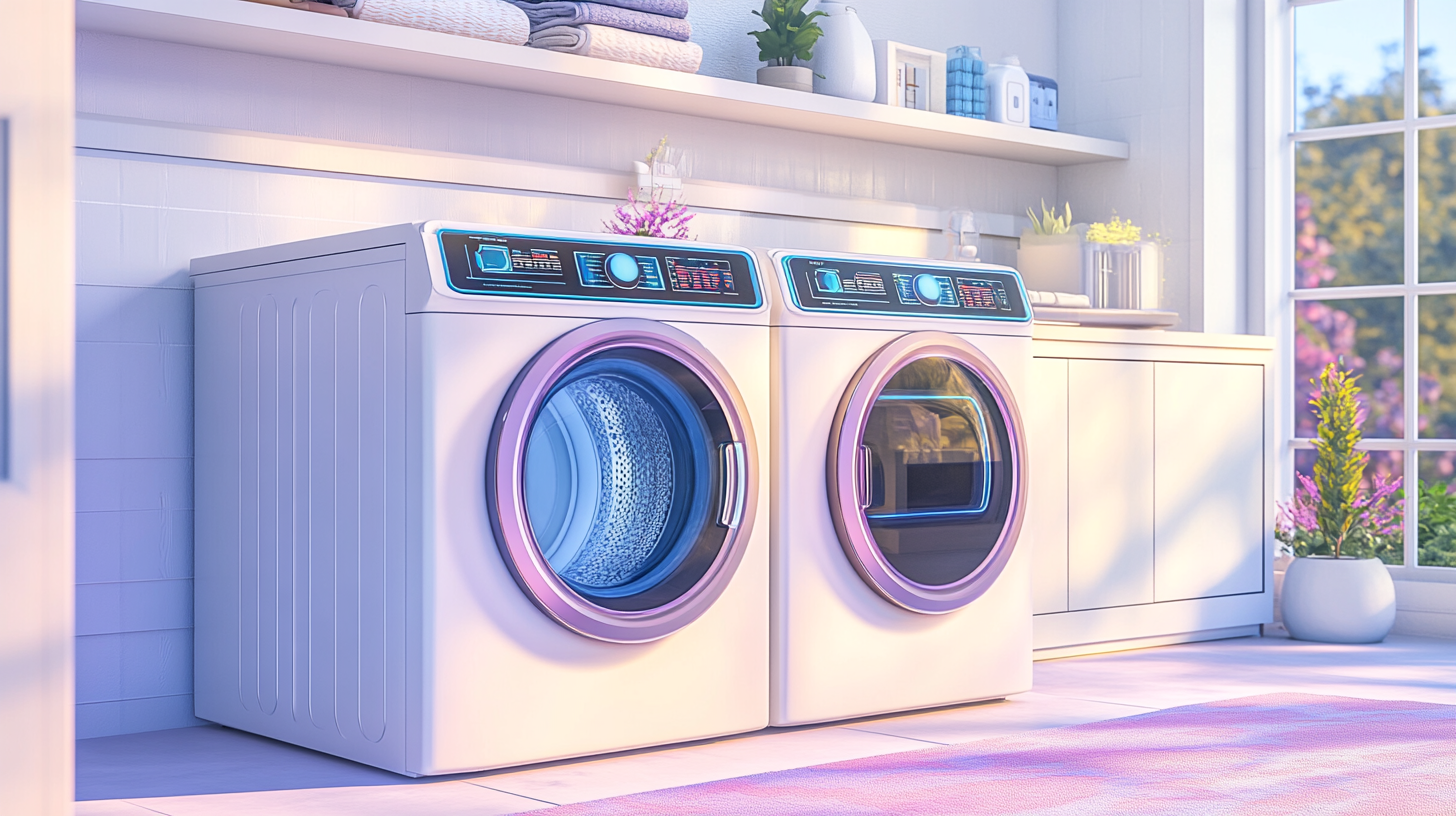 최신식 AI 기능을 갖춘 대용량 세탁기와 건조기가 있는 현대적인 세탁실의 전경