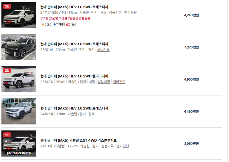 현대 싼타페 중고차 가격 시세표 유지비