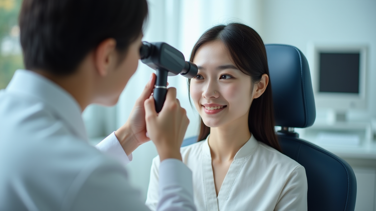 이비인후과에서 이경을 이용한 외이도염 진단 및 치료 과정을 보여주는 의료진과 환자 이미지