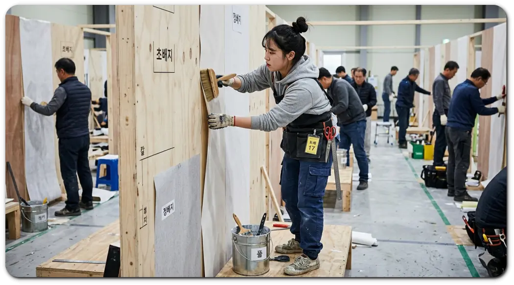 도배 기능사 시험에 열중인 여성