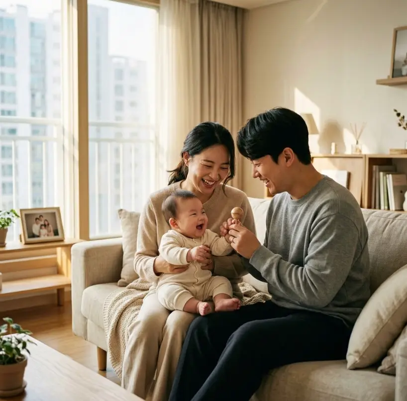아이를 앉고있는 아빠와 엄마 의 행복한 모습 이미지
