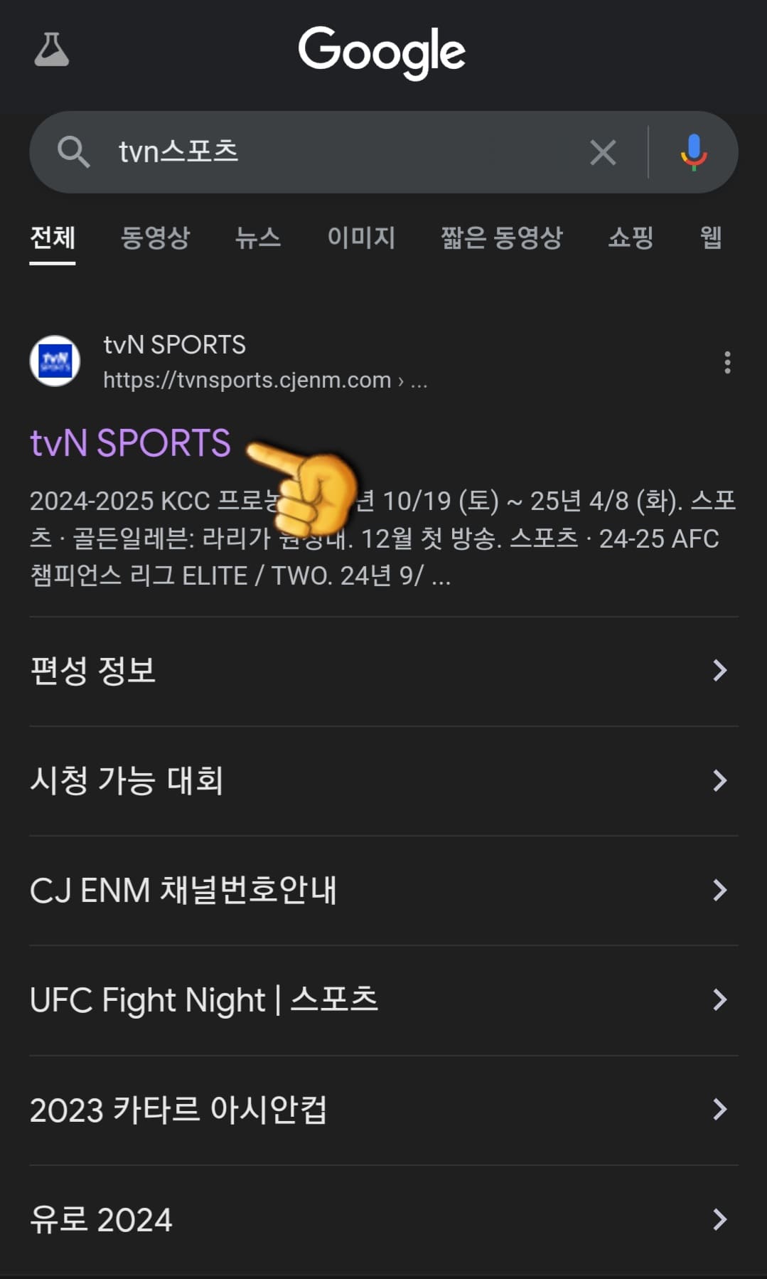 tvN-SPORTS-편성표-쉽게-확인하는-방법-안내-다음&amp;#44;-네이버&amp;#44;-구글-검색-창에서-tvN-SPORTS-검색하기-그리고-가장-상단에-있는-tvN-SPORTS-홈페이지-클릭하기