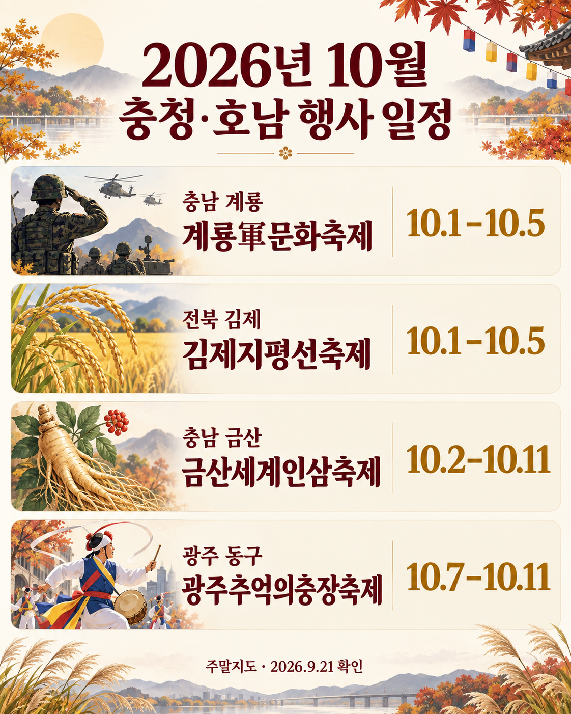2026년 10월 충청·호남: 가을 들판과 도심 축제 일정 인포그래픽