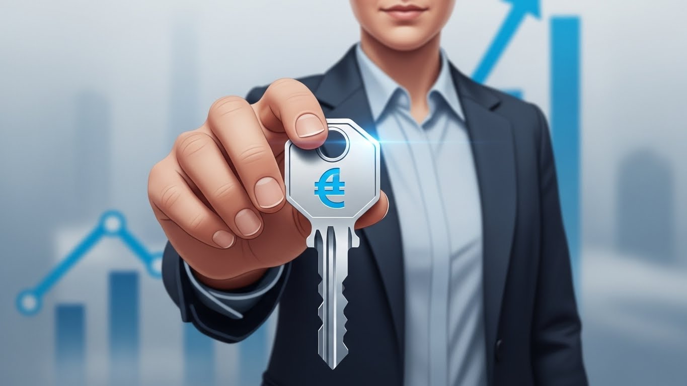 "A detailed, professional, and slightly futuristic illustration of a person confidently looking forward, holding a key (symbolizing 'Employment Success' or 'National Employment Support'), with subtle, blurred background elements of a graph showing upward progress and a blue/gray color scheme. The key should have the number '1' or a currency symbol on it. Use a calm and trustworthy tone."