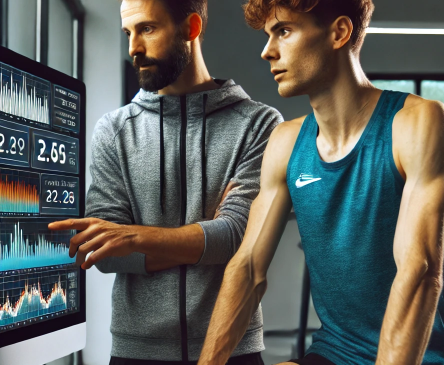 운동선수가 코치와 함께 각종 신체의 지표를 모니터로 살표보고 있다