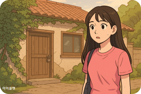 오래된 주택가 안쪽 골목, 담쟁이 덩굴이 집