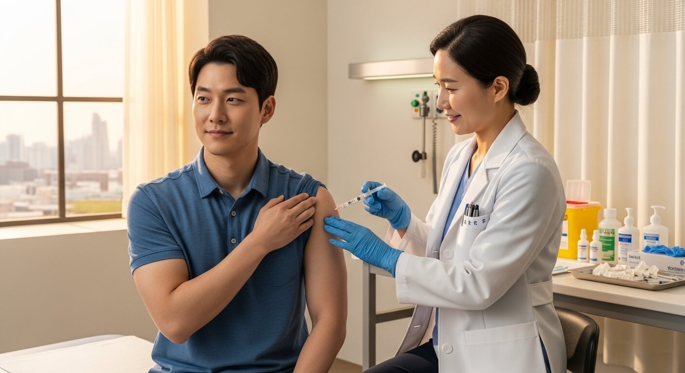 성인 남성의 팔에 백신 주사를 놓는 모습