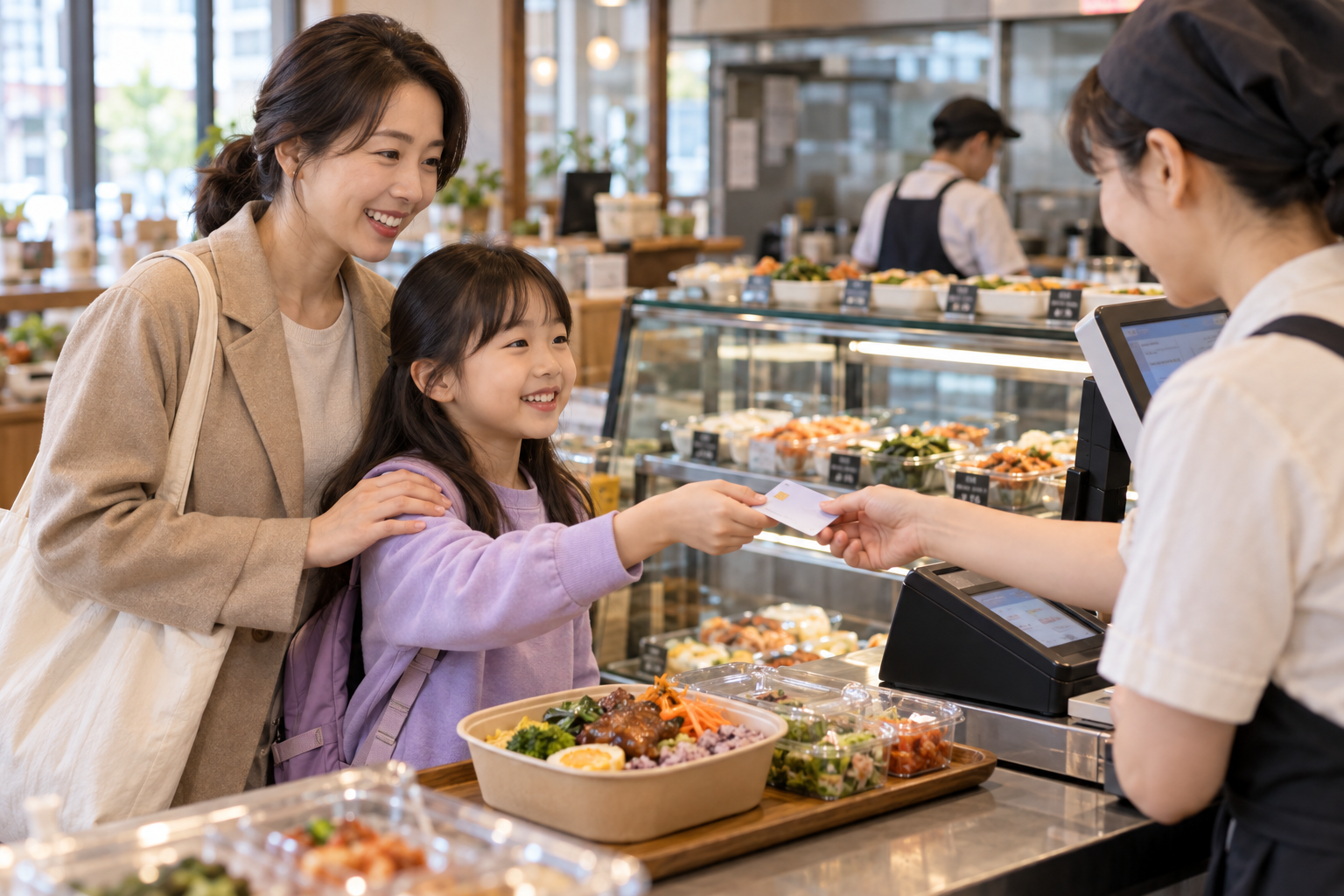 결식우려 아동 급식지원 신청 전, 방학&middot;주말 이용과 카드 사용을 확인하는 순서 상황을 부모와 아이가 실제 생활 공간에서 함께 확인하는 장면