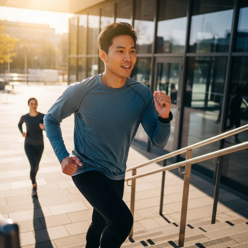 계단 오르내리기를 하며 일상속 운동을 실천하고 있는30대 남성 이미지