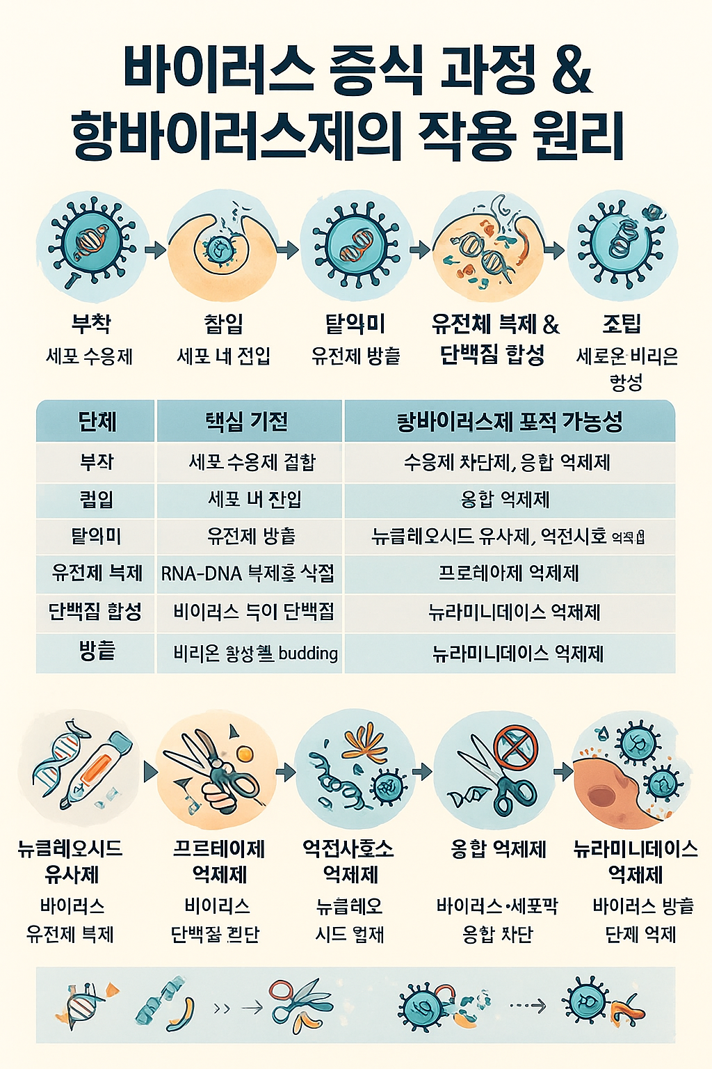 바이러스 증식 과정과 항바이러스제의 작용 관련 이미지