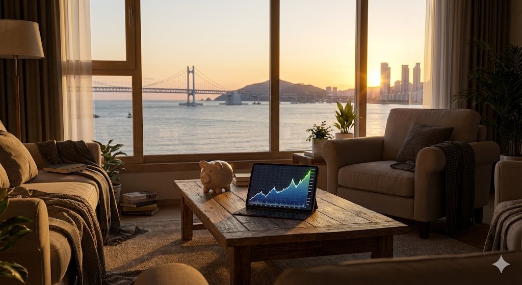 부산 오션뷰 아파트 거실 탁자 위에 놓인 재무 그래프 태블릿과 저금통