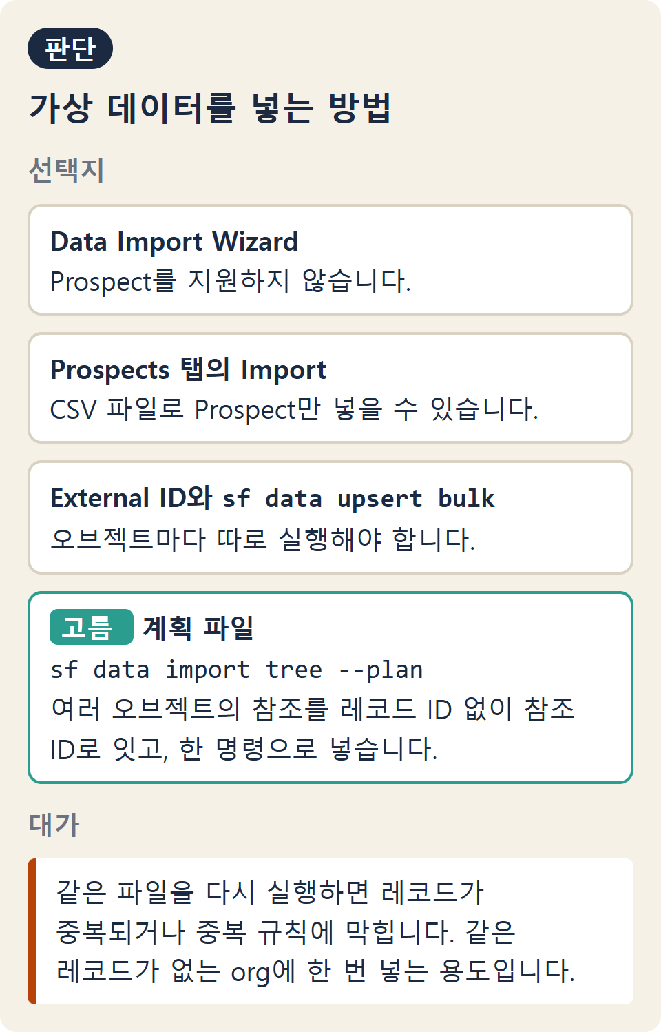 가상 데이터를 어떻게 넣을지 묻고, Data Import Wizard, Prospects 탭의 Import, External ID와 upsert bulk, 계획 파일 네 선택지를 비교한 뒤, 계획 파일을 고른 이유와 대가를 정리한 판단 카드