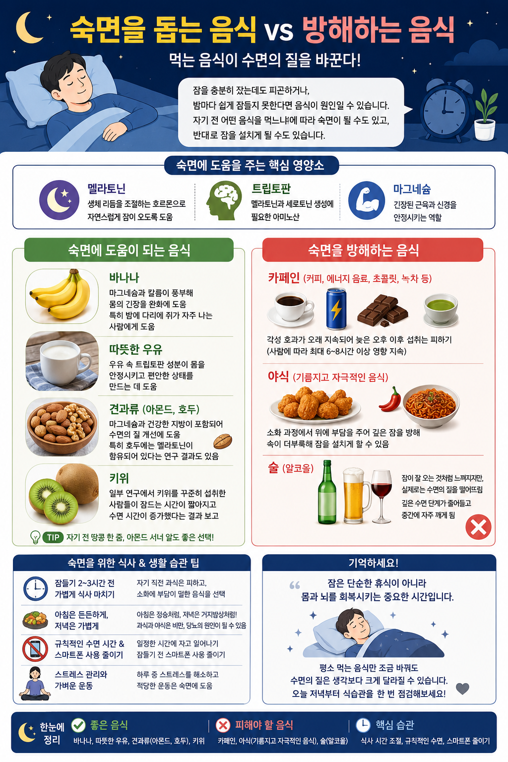 숙면을 돕는 음식과 방해하는 음식 설명