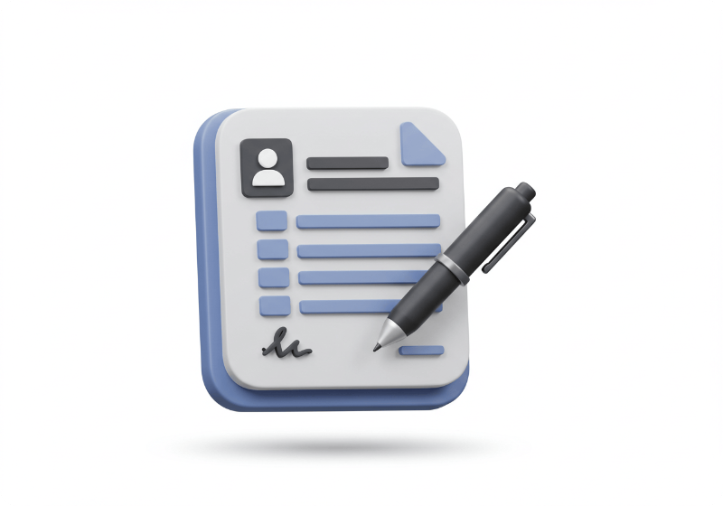 노후 농기계 조기폐차 신청서 작성을 나타내는 서류와 펜 3D 아이콘