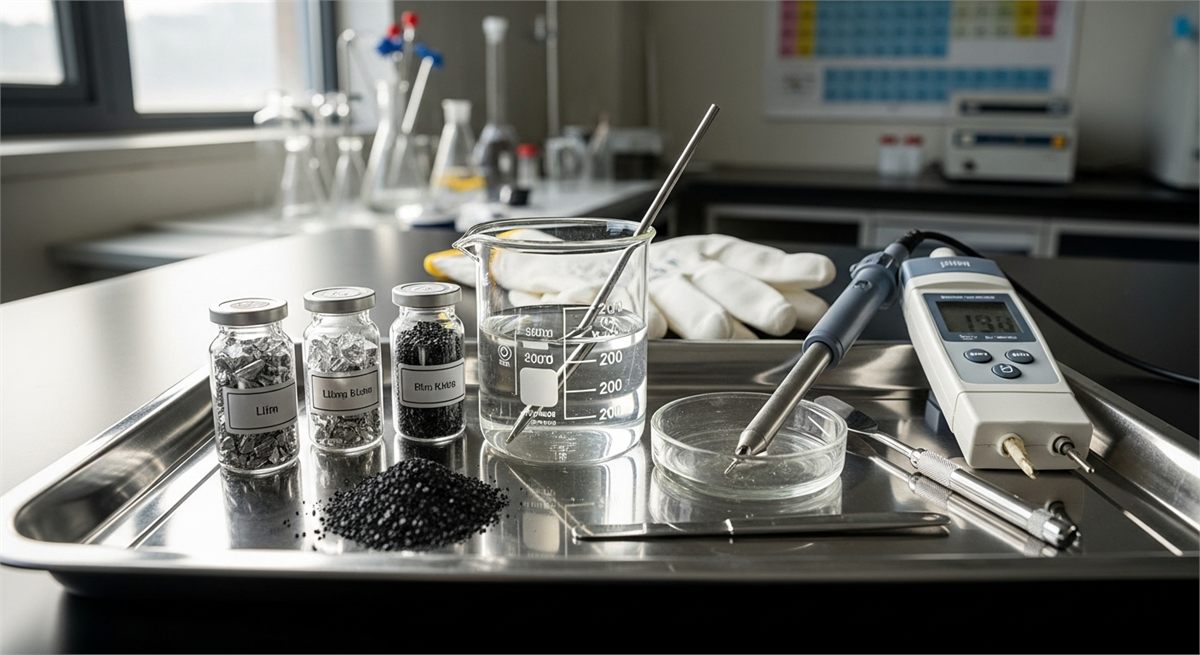 리튬 정제용 샘플과 도구를 정리한 장면