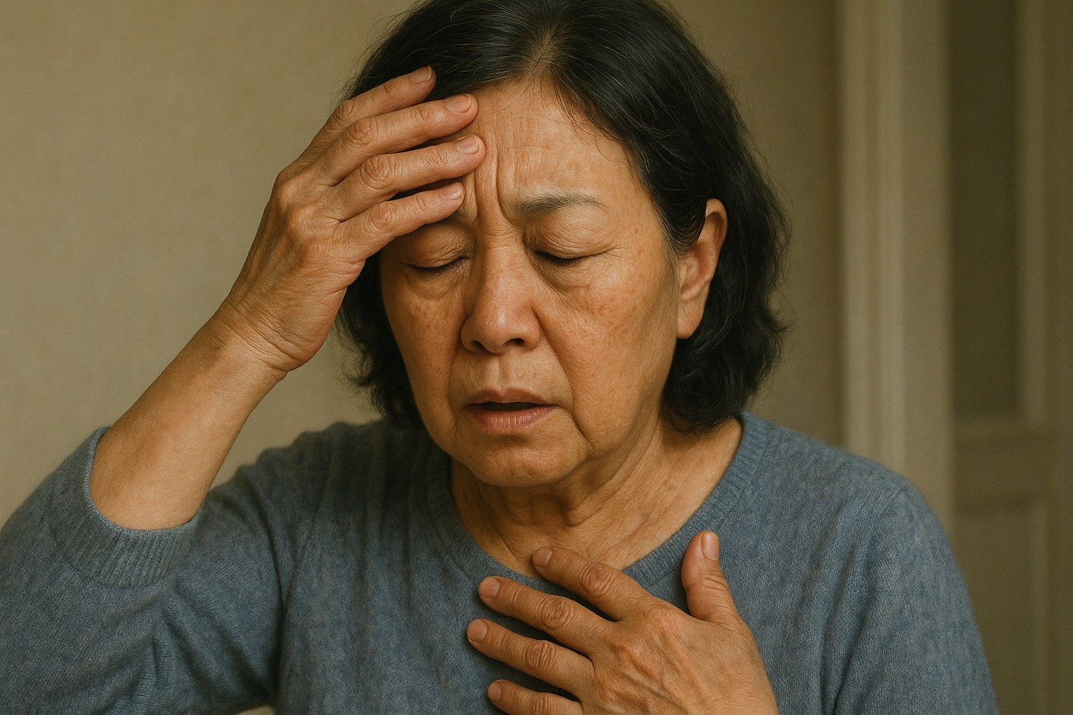 어지러워하는 여성 노인의 모습