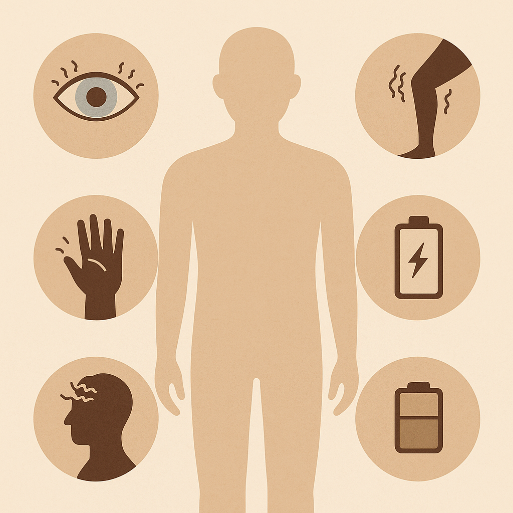 마그네슘 부족으로 나타나는 눈꺼풀 떨림, 손 저림, 근육 경련, 두통, 피로 증상을 아이콘으로 표현한 이미지