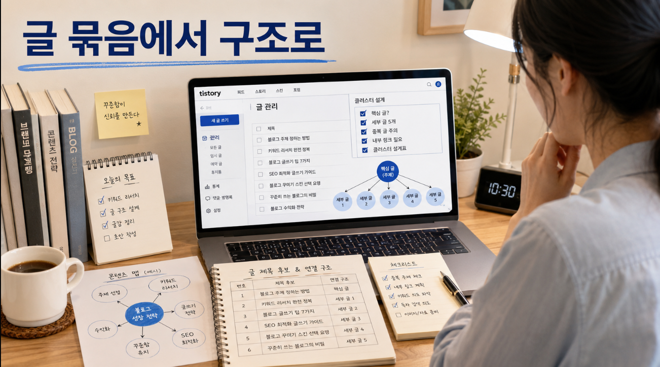 티스토리 블로거가 흩어진 글 제목을 핵심 글과 세부 글 5개로 나누어 콘텐츠 클러스터를 설계하는 이미지