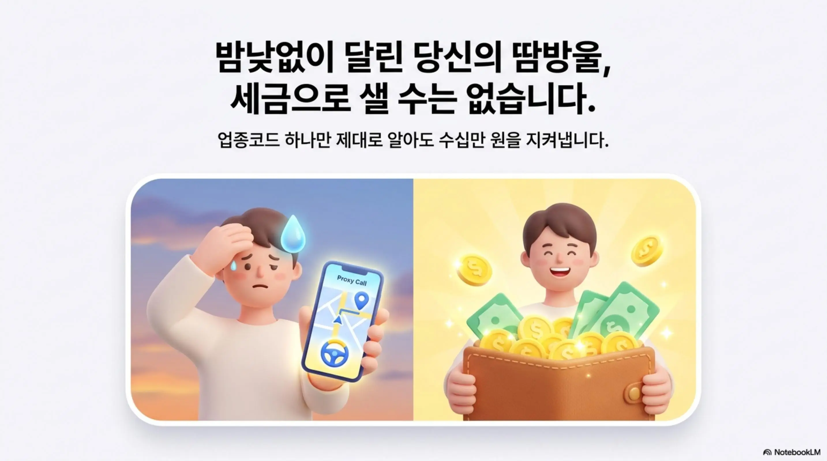 대리기사 종합소득세 업종코드: 대리기사 업종코드 확인의 중요성을 보여주는 인포그래픽. 왼쪽에는 대리운전 앱을 들고 땀을 흘리는 기사가 오른쪽에는 지갑 가득 환급금을 받아 웃고 있는 기사가 대비되며 '밤낮없이 달린 당신의 땀방울 세금으로 샐 수는 없습니다 업종코드 하나만 제대로 알아도 수십만 원을 지켜냅니다'라는 문구가 포함된 이미지