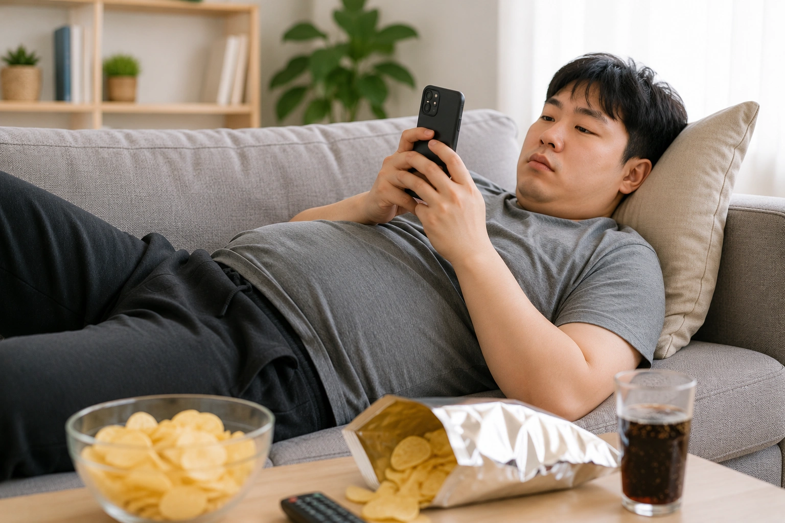 소파에 누워 스마트폰을 사용하는 남성의 운동 부족 생활습관 모습