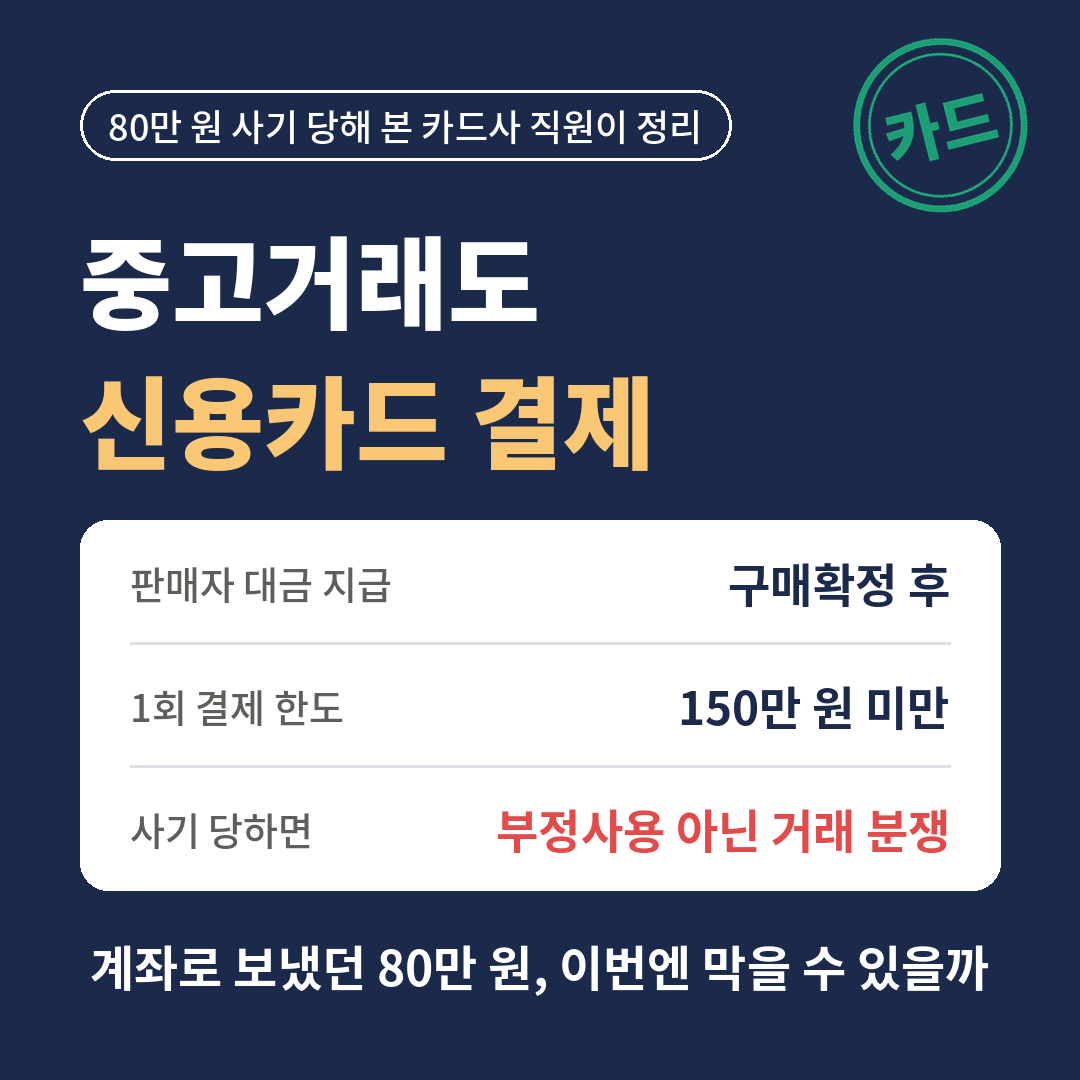 중고거래 신용카드 결제 정리 - 구매확정 후 판매자 대금 지급, 1회 결제 150만 원 미만, 사기 당하면 부정사용이 아닌 거래 분쟁으로 처리