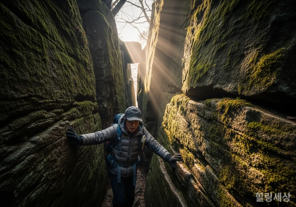 여수 향일암의 좁은 바위 틈을 통과하는 등산객의 모습