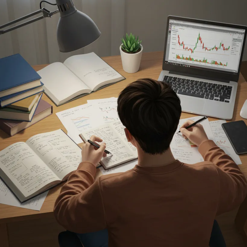 금융 자격증 시험을 위해 열심히 공부하는 젊은 한국인 성인, 준비 과정을 상징.