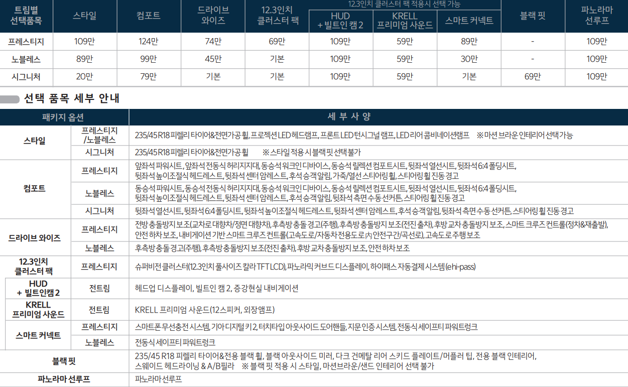 더 뉴 K5 선택 품목 세부 안내표