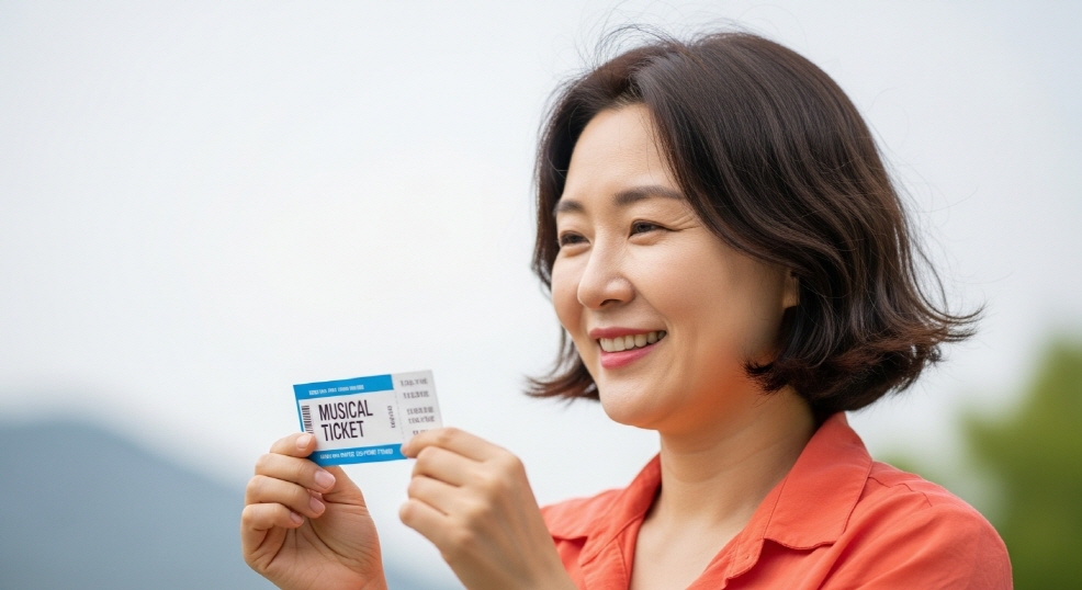뮤지컬 티켓 들고 웃는 여성