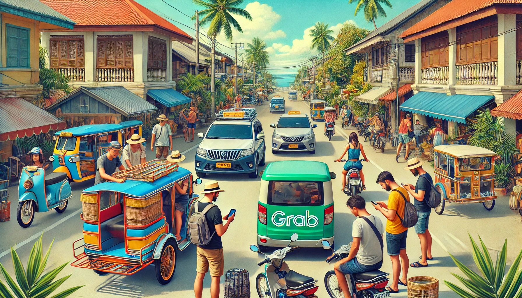 보홀의 도로에서 트라이시클과 그랩 차량을 이용하는 관광객들의 모습