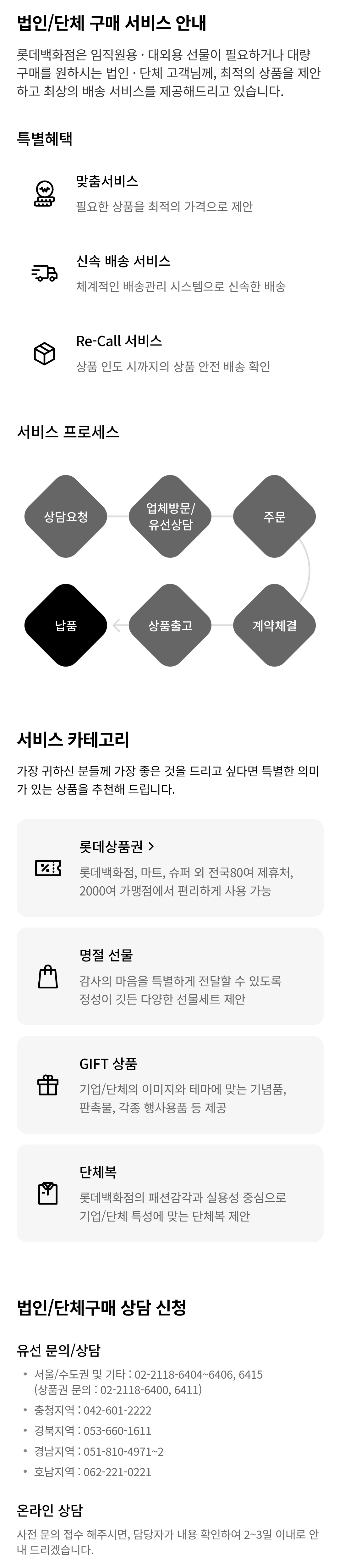 롯데백화점 법인/단체 구매 서비스(특별혜택, 서비스 프로세스&middot;카테고리, 상담 신청)