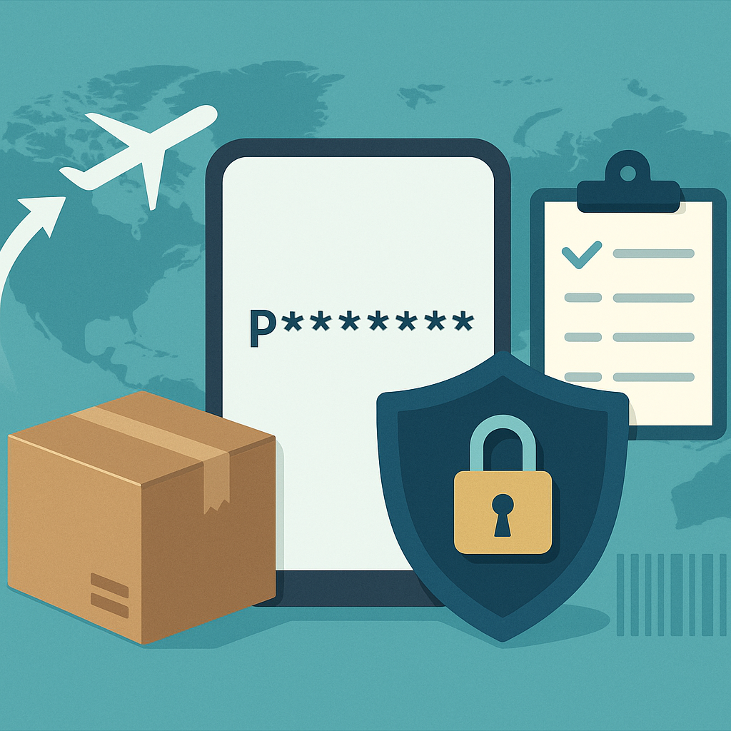 해외직구 개인통관고유부호(PCCC)와 보안 자물쇠, 스마트폰, 국제배송 상자 일러스트