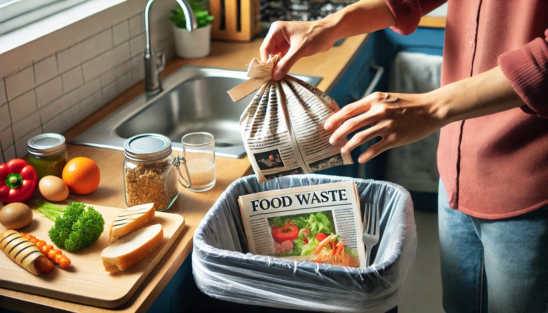 신문지로 음식물 쓰레기 감싸기 - 음식물 쓰레기를 신문지로 감싼 후 쓰레기통에 넣는 장면