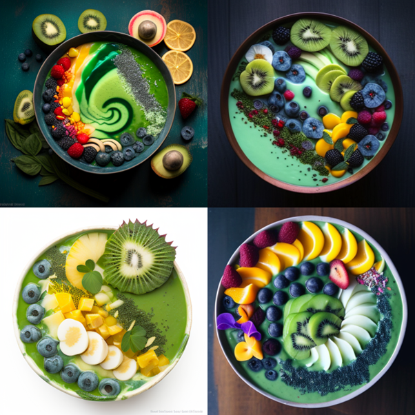 블루베리, 아보카도, 키위, 라즈베리 등 각종 과일이 스무디볼안에 담겨 있는 사진. 미드저니로 제작