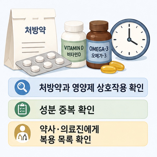 처방약과 영양제의 상호작용, 성분 중복, 복용 시간 확인이 필요함을 안내한 이미지