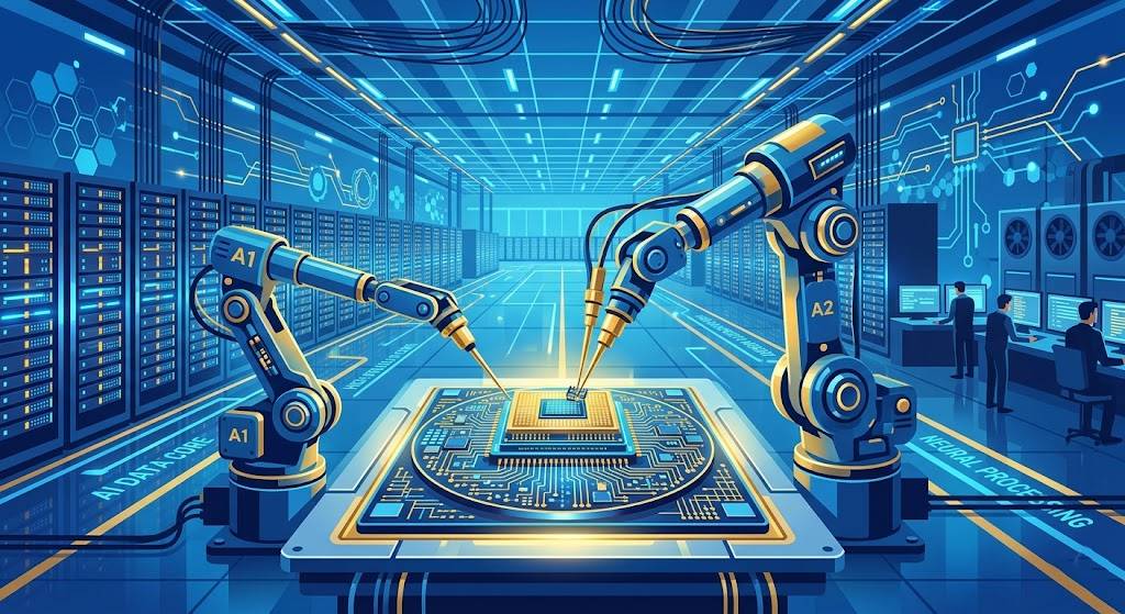 거대한 AI 데이터 센터 내부에서 로봇 팔이 정교한 반도체를 조립하는 3D 렌더링 스타일