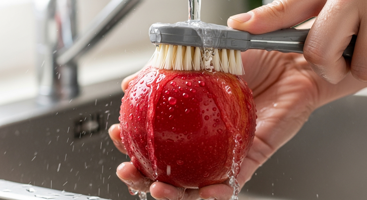 부드러운 솔로 사과를 꼼꼼하게 문질러 씻는 손과 신선한 사과