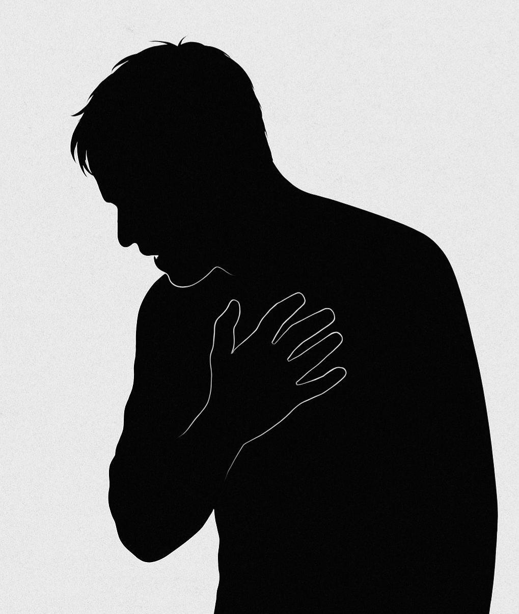 공황발작으로 가슴을 움켜쥔 남성의 실루엣 이미지, 숨이 막히는 증상을 시각화