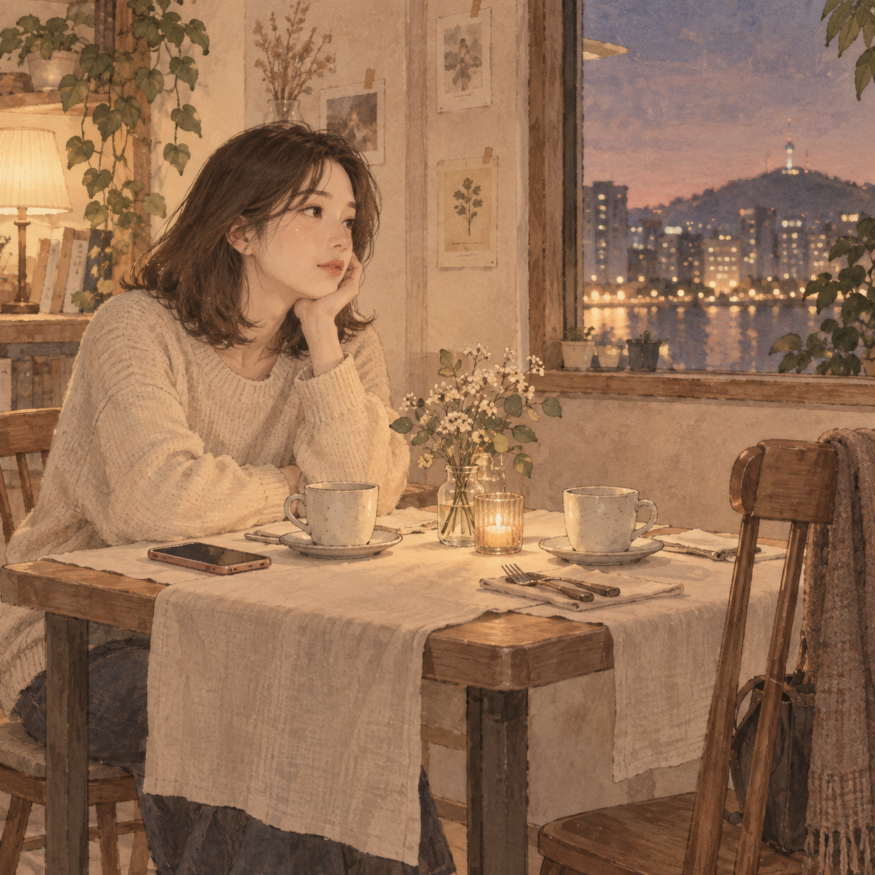 취소된 약속을 떠올리며 두 잔의 컵이 놓인 테이블에 혼자 앉아 있는 수연